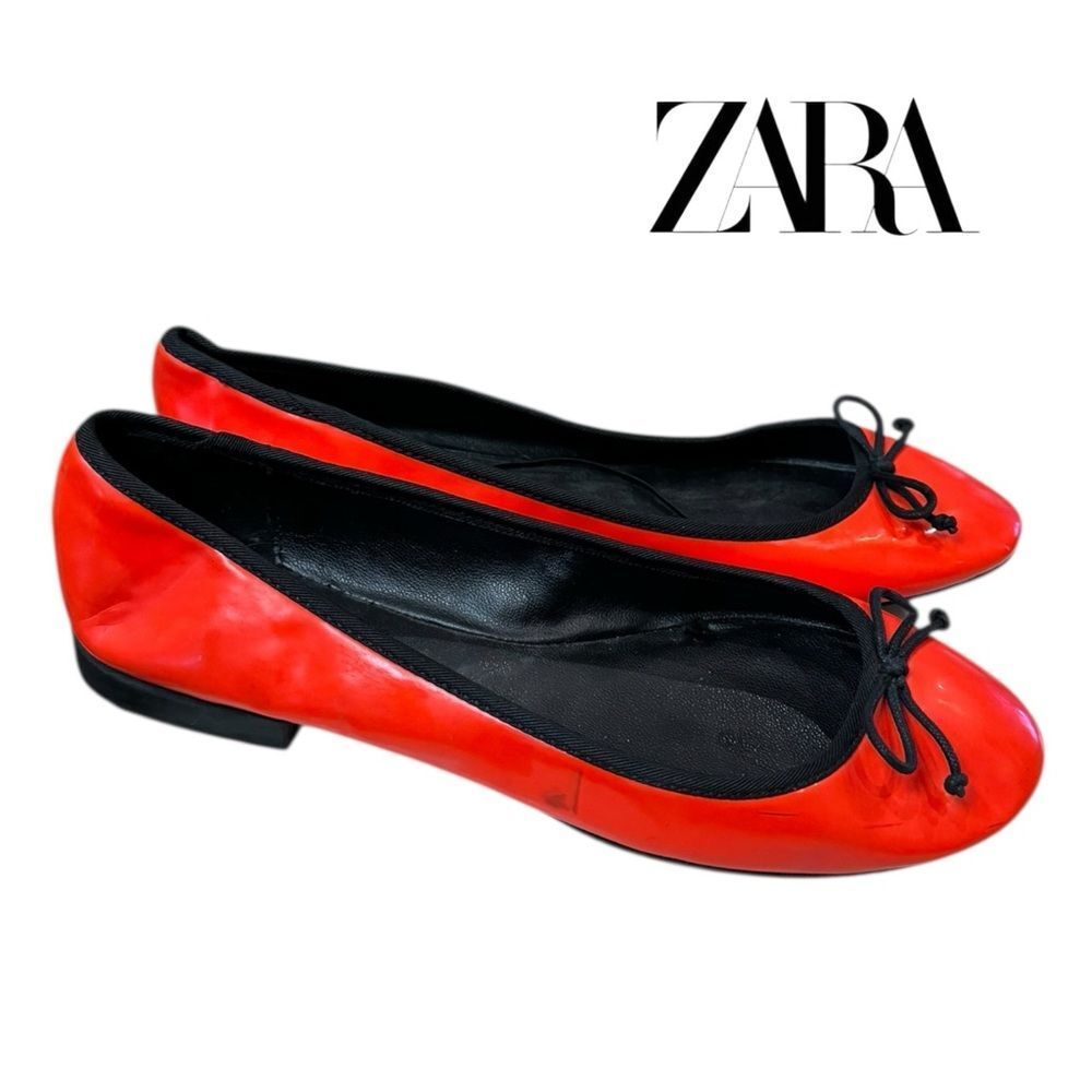 Zara Trafaluc Women's Orange Patent Slip-on Bow Ballet Flats 37